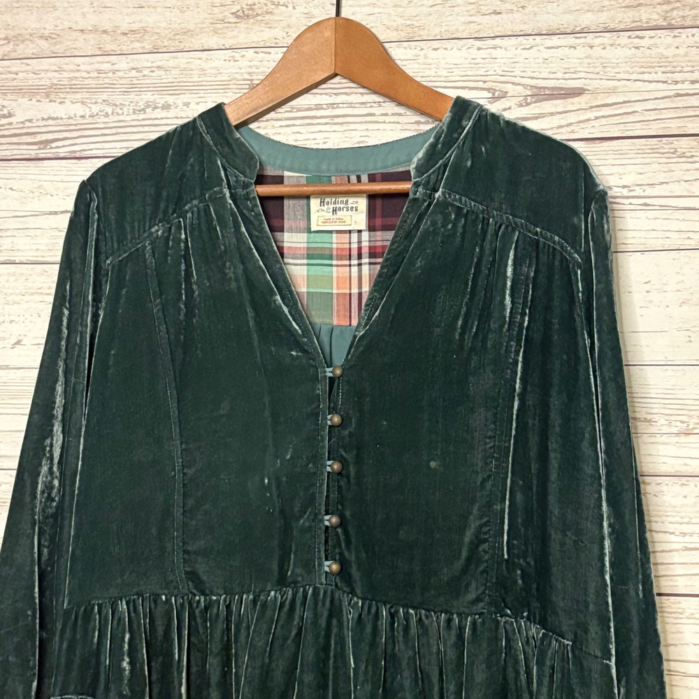 Holding Horses Anthropologie Green Velvet Plaid Lined Boho Midi Dress Large - Picture 2 of 7
